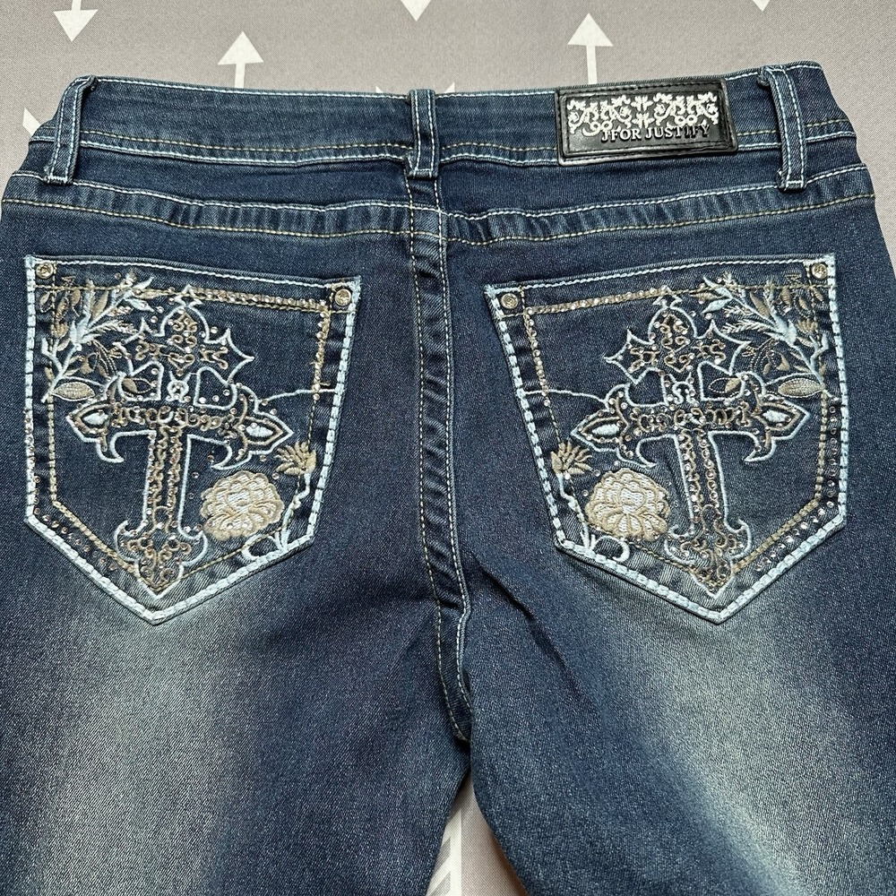 J For Justify Women's Western Jeans Sz 5 Embellished Bootcut Low Rise Blue NWT‎